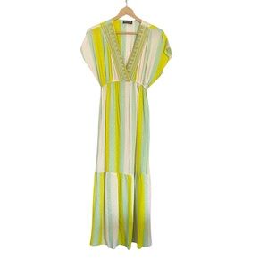 Bolufe Marbella Beaded Tiered Cap Sleeve Beachy Maxi Dress size S/M